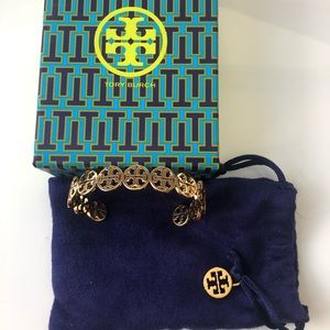Tory Burch Frozen Logo Gold Tone Cuff Bracelet